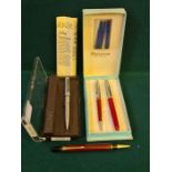 Parker 25 ball point pen, vintage Platignum pen and pencil set and a Prolite propelling pencil.