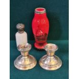 A pair of damaged silver stub candlesticks, a blown glass silver rim specimen vase and an unmarked