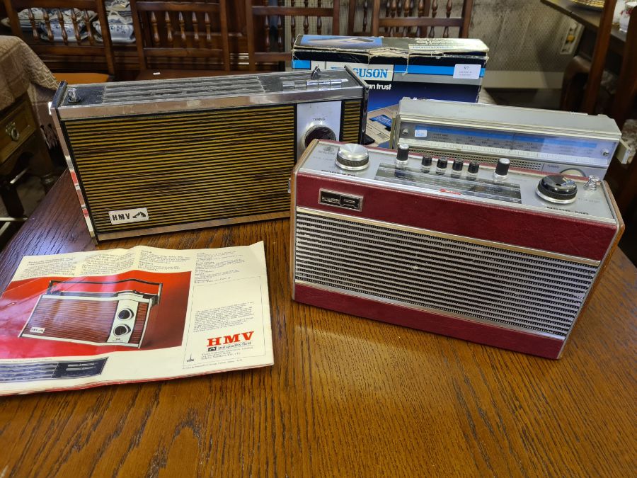 Vintage radios, Roberts R606-MB, HMV Marlborough model 2182 with brochure, Ferguson cassette