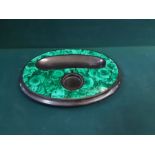 Victorian green Malachite and slate pen and ink stand, oval form on squat bun supports