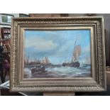 An early 20th century unsigned oil on canvas continental harbour scene on rough seas, 35cm x 26cm.