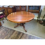 Victorian circular topped breakfast table on 3 fluted and turned column supports with splayed carved