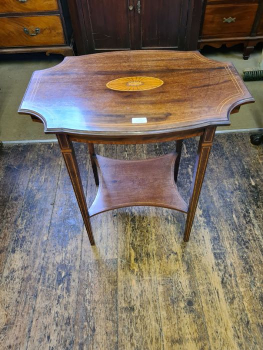 Edwardian mahogany shaped top 2 tier occasional table with boxwood crossbanding and string inlays