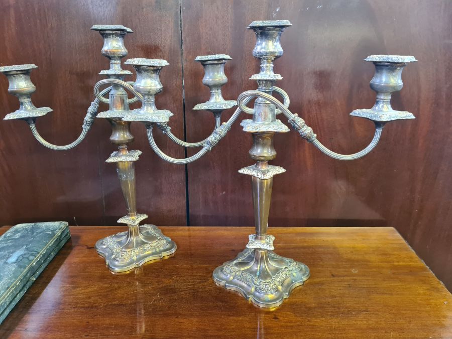 Large pair of worn EPNS candelabra and a pair of engraved EPNS mother of pearl handle fish servers - Image 3 of 3