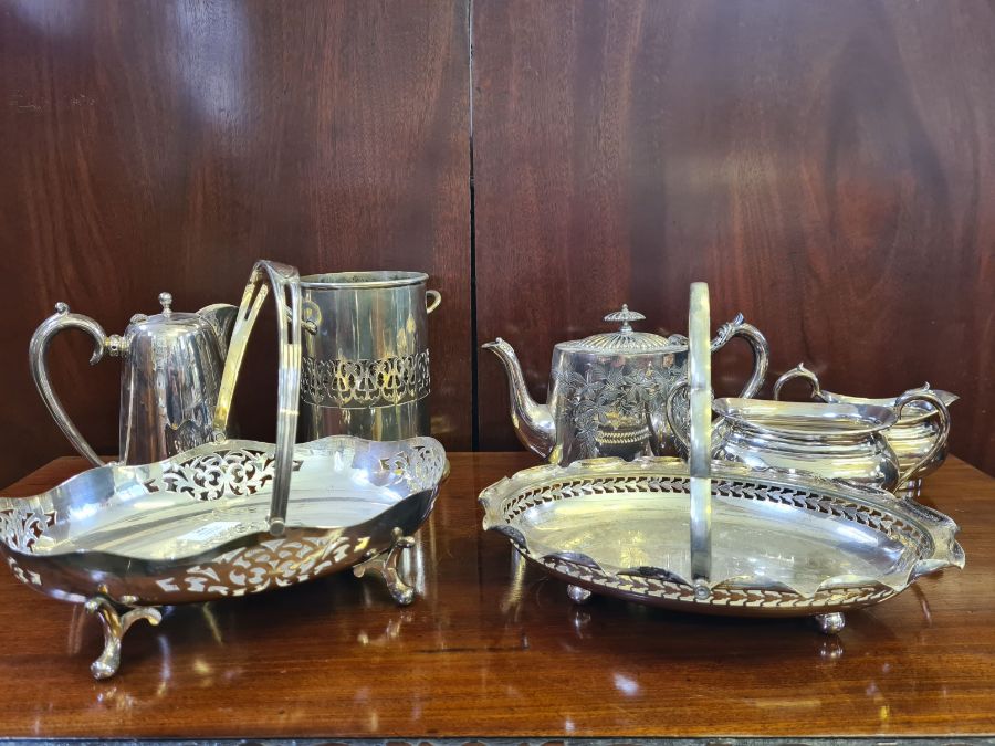 Assorted plated wares to include cake baskets, bottle holder, EPBM chased teapot, sugar and cream - Image 3 of 6