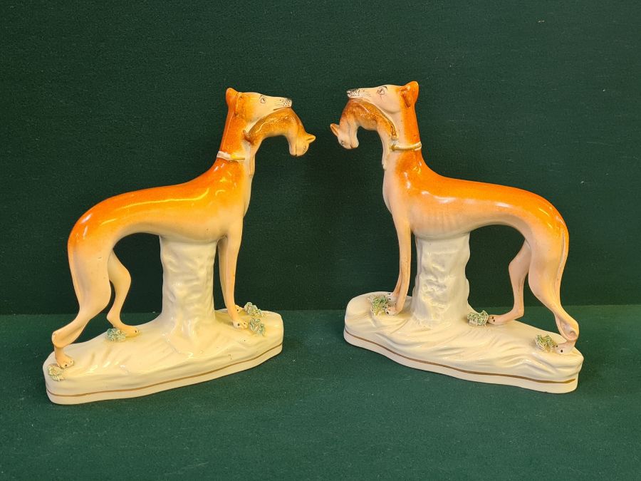 Pair of Staffordshire greyhounds carrying rabbits 19cm tall together with an early Staffordshire - Image 5 of 7