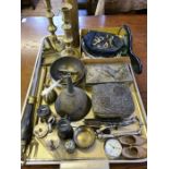 Mixed tray lot to include brass candlesticks, WWII shell case, metal jewellery boxes, pewter wine