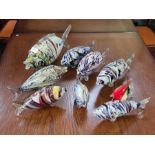 Collection of 9 deep bodied Murano glass fish, 36cm to 16cm.