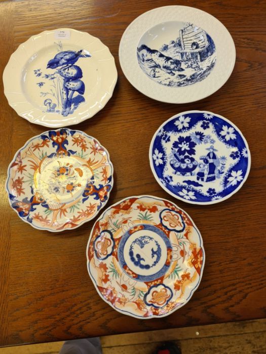 2 x Brown Westhead & Moore pictorial blue and white plates and a pair of Imari dishes.