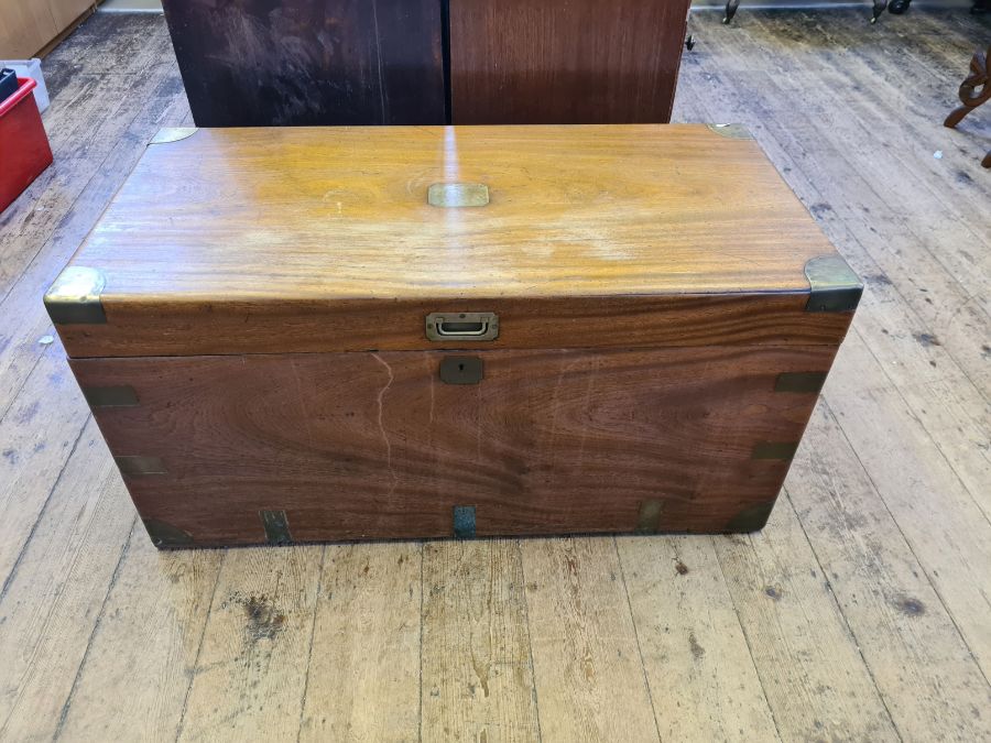Large Victorian camphor campaign chest with brass bandings and internal candle box, 105cm wide x