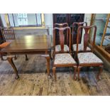 1940's walnut Queen Ann legged drawer leaf table with 4 matching tapestry seated chairs.