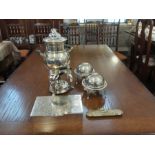 EPNS spirit kettle, Viners chased cigarette box, 2 revolving breakfast dishes and a small brass