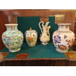 2 x modern oriental style vases, a large glazed ginger jar and a continental silvered pottery jug.