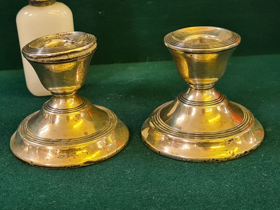 A pair of damaged silver stub candlesticks, a blown glass silver rim specimen vase and an unmarked - Image 3 of 5