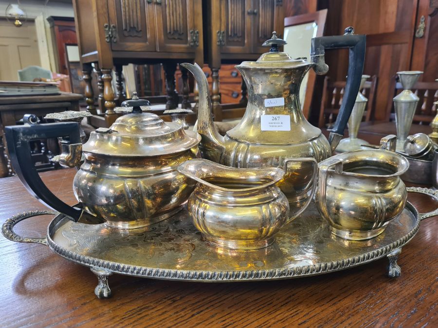 EPNS 4 piece teaset, hammered pewter candlesticks, candelabra, chased tray and other plated items. - Image 2 of 3