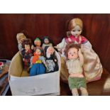 Various celluloid miniature dolls, small pedigree doll, doll tea cosy and a tray of wooden wares