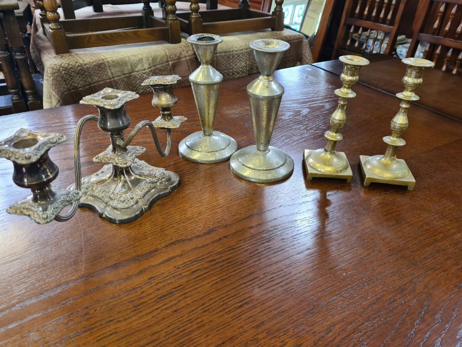 EPNS 4 piece teaset, hammered pewter candlesticks, candelabra, chased tray and other plated items. - Image 3 of 3