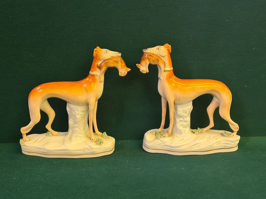 Pair of Staffordshire greyhounds carrying rabbits 19cm tall together with an early Staffordshire - Image 2 of 7