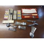 Tray lot of assorted cased cutlery to include dinner knives, Walker & Hall fish serving set and a