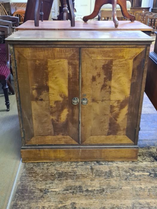 Continental walnut narrow 2 door cupboard with quartered veneered and crossbanded doors, top and