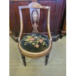 Victorian rosewood occasional chair with circular velvet floral embroidered seat with boxwood and