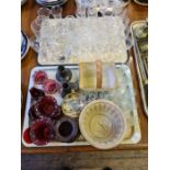 Earthenware swan pie mould, glazed earthenware strawberry basket, cranberry glassware, and