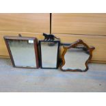 3 small wooden framed wall hanging mirrors.