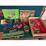 A mixed lot of vintage Meccano including clockwork and electric motors, fittings, wheels red and