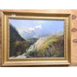 Unsigned gilt framed oil on canvas of a mountain range and waterfall, 56cm x 74cm including frame.