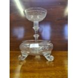 Victorian 2 tier glass table centre with etched Greek key decoration upon scrolled drawn feet.