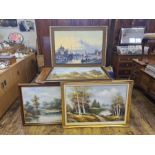 A large 1970's framed Dutch river scene print from the original by J. Spohler and 3 large modern oil