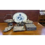 Quantity of EPNS and metalwares to include porcelain base tea tray, cake baskets, condiment boat,