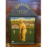 Wooden hand painted advertising board Yorkshire Cricket Club, 33" tall.