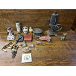 Mixed tray lot to include model steam engine, brass fly fishing reel, poker stand, soapstone figure,