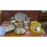 EPNS 4 piece teaset, EPBM coffee pot, plated entree dish, cake basket, silver napkin rings and other