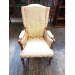 Late Victorian inlaid bedroom armchair with boxwood broad tramline inlays upon short cabriole legs