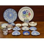 Mixed tray of pottery and poreclain to include 9 pieces Jasperware, Poole plate and pot, egg