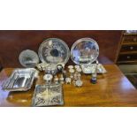 Mixed tray lot of plated to include teaset, cake basket, condiments, trays, etc.