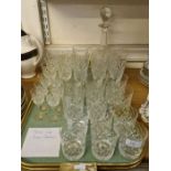 Tray lot of 6 sets of 6 Thomas Webb Dennis diamonds drinking glasses together with matching decanter