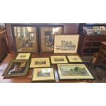 A pair of oak framed pictures, various Hogarth framed scenes and a religious crystoleum.