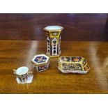 Royal Crown Derby 1128 Imari pattern, 115mm haxagonal vase, small pin dish, miniature 2 handled