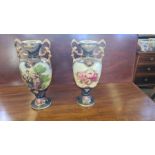 Pair of Royal Crown glazed pottery vases with shepherdess pictorial decoration and floral decoration