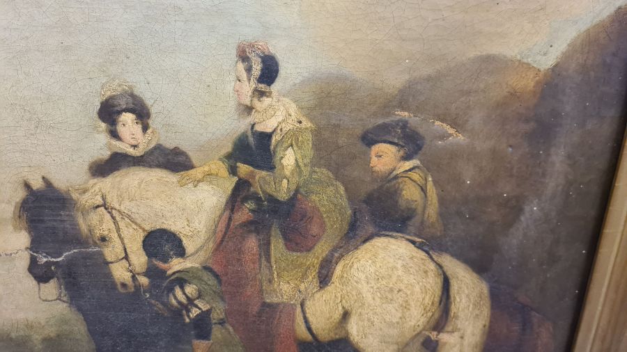 18th century unsigned oil on canvas, lady and her attendants riverside hawking scene. 19" x 23". - Image 2 of 5