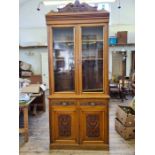 Late Victorian oak alcove cupboard bookcase with carved doors, drawers and pediment. 97" tall x