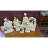 8 assorted Victorian Staffordshire flat back figures to include horse mounted tambourine player,