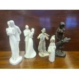 20th century cast bronze metal figure of a farm girl, a pair of Royal Doulton Images figures and a