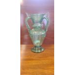 Late Victorian Venetian 2 handled green blown glass vase with fluted body, ribbed rim and applied