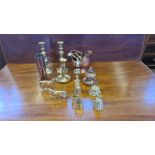 Collection of assorted brasswares to include candlesticks, table bells, ornamental horses, miniature