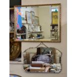 Rectangular gilt framed bevel edged wall hanging mirror and a 1950's frameless wall hanging mirror,