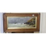 Framed oil on board St. Ives by G. Shaw, rocky seascape, 22cm x 61cm.